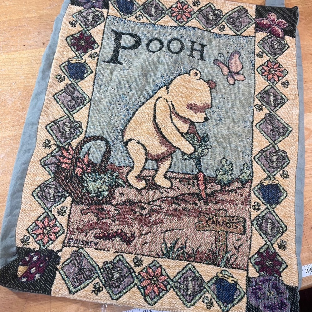 Vtg Disney Winnie the Pooh Garden Woven Tapestry Wall Hanging Crown Crafts 24x32